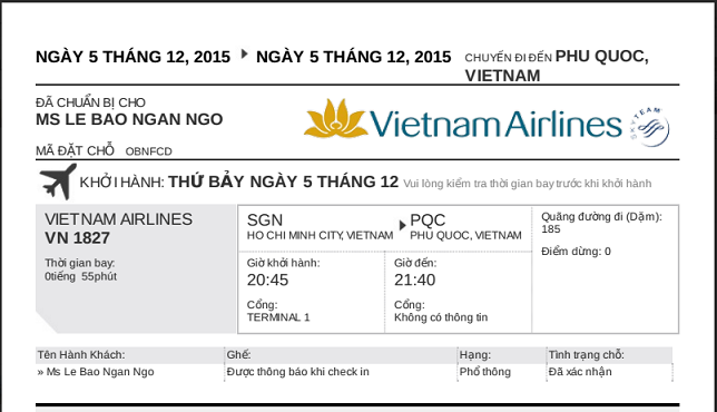 Hóa đơn vé máy bay Vietnam Airlines